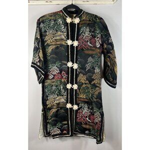 Vintage Black Brocade Kimono Jacket With Floral Knot Buttons Zigzag Trim Small